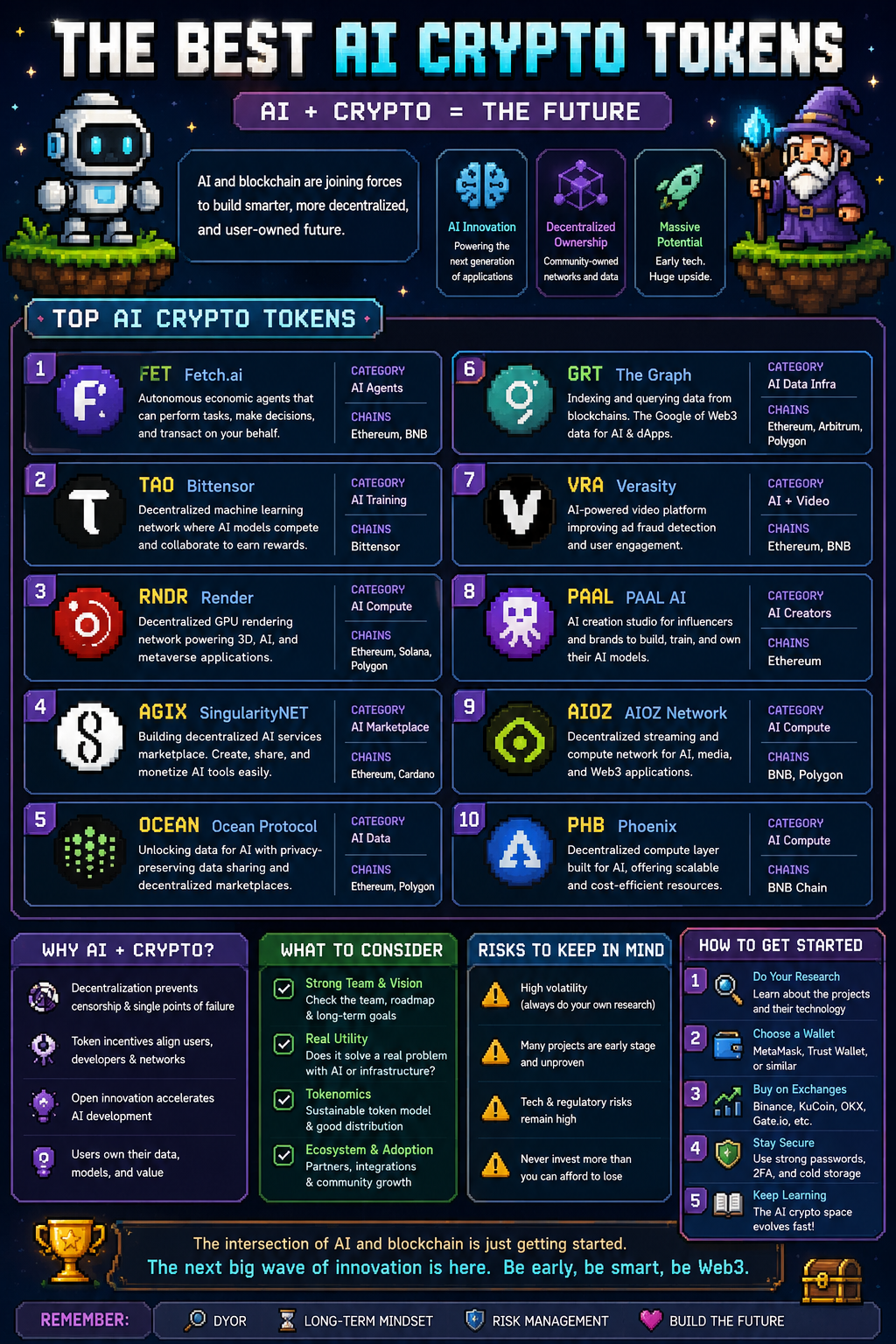 The best AI crypto tokens in 2026 infographic: top 10 projects ranked — Fetch.ai (FET), Bittensor (TAO), Render (RNDR), SingularityNET (AGIX), Ocean Protocol (OCEAN), The Graph (GRT), Verasity (VRA), PAAL AI, AIOZ Network, Phoenix (PHB) — by category (AI agents, training, compute, marketplace, data) and supported chains, plus why AI + crypto, what to consider, risks, and how to get started.