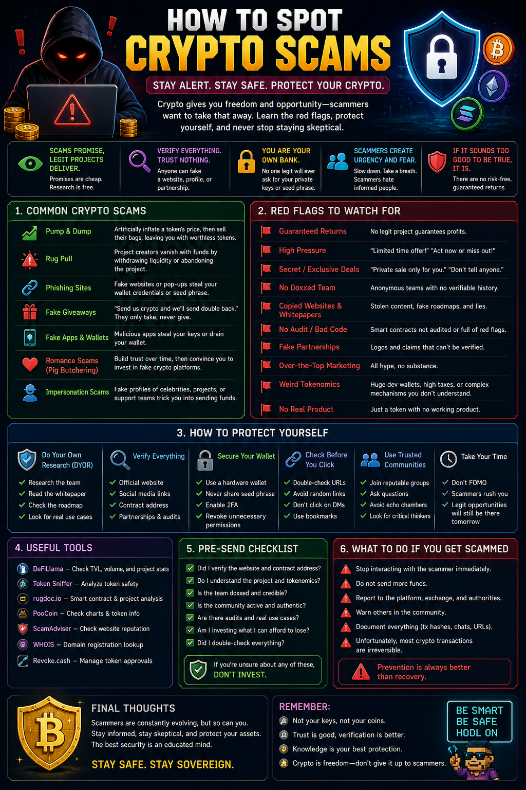 How to spot crypto scams infographic — six sections: (1) common scams (pump & dump, rug pull, phishing sites, fake giveaways, fake apps & wallets, romance/pig butchering, impersonation); (2) red flags (guaranteed returns, high pressure, secret deals, no doxxed team, copied whitepapers, no audit, fake partnerships, over-the-top marketing, weird tokenomics, no real product); (3) how to protect yourself (DYOR, verify everything, secure your wallet, check before you click, use trusted communities, take your time); (4) useful tools (DeFiLlama, Token Sniffer, rugdoc.io, PooCoin, ScamAdviser, WHOIS, Revoke.cash); (5) pre-send checklist (verify website + contract, understand tokenomics, check team, confirm audits); (6) what to do if scammed (stop, don't send more, report, warn others, document — most crypto transactions are irreversible).