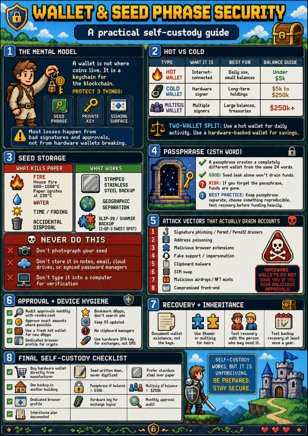 Crypto wallet and seed phrase security infographic: practical self-custody guide covering hot vs cold wallets, seed storage, 25th-word passphrase, attack vectors (signature phishing, address poisoning, permit2 drainers), approval hygiene, recovery and inheritance, and an 8-step self-custody checklist.